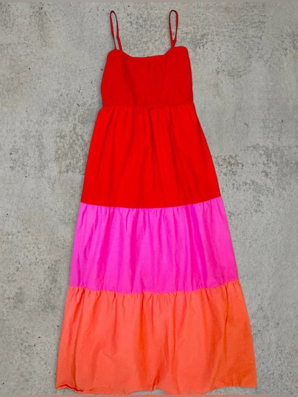 LOFT Colorblock Maxi Dress Red Pink Orange Spaghetti Strap Cotton Petite Large